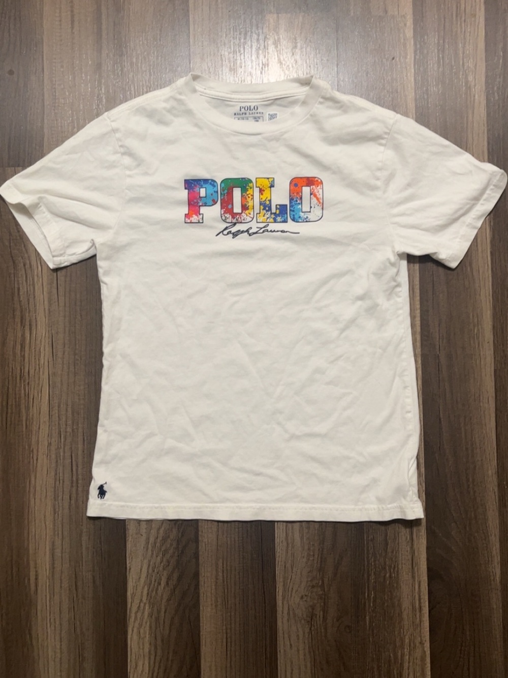 Polo by Ralph Lauren Kids Boys M 10-12 White Tee with Multicolor Splatter Logo